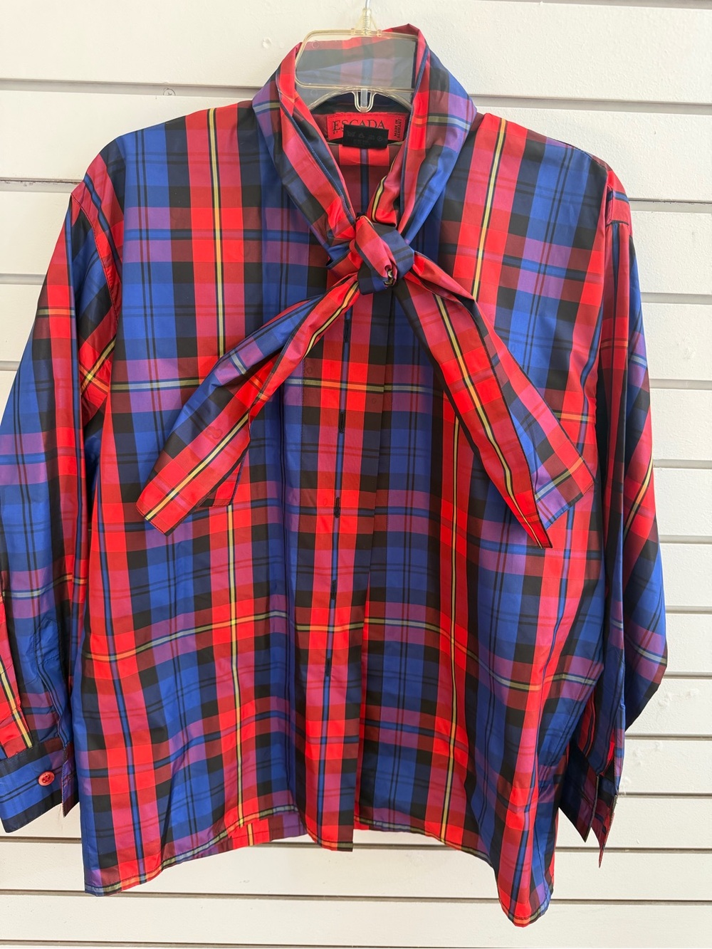 Escada Women’s Red & Blue Plaid Kitty Bow VintageShirt Silk